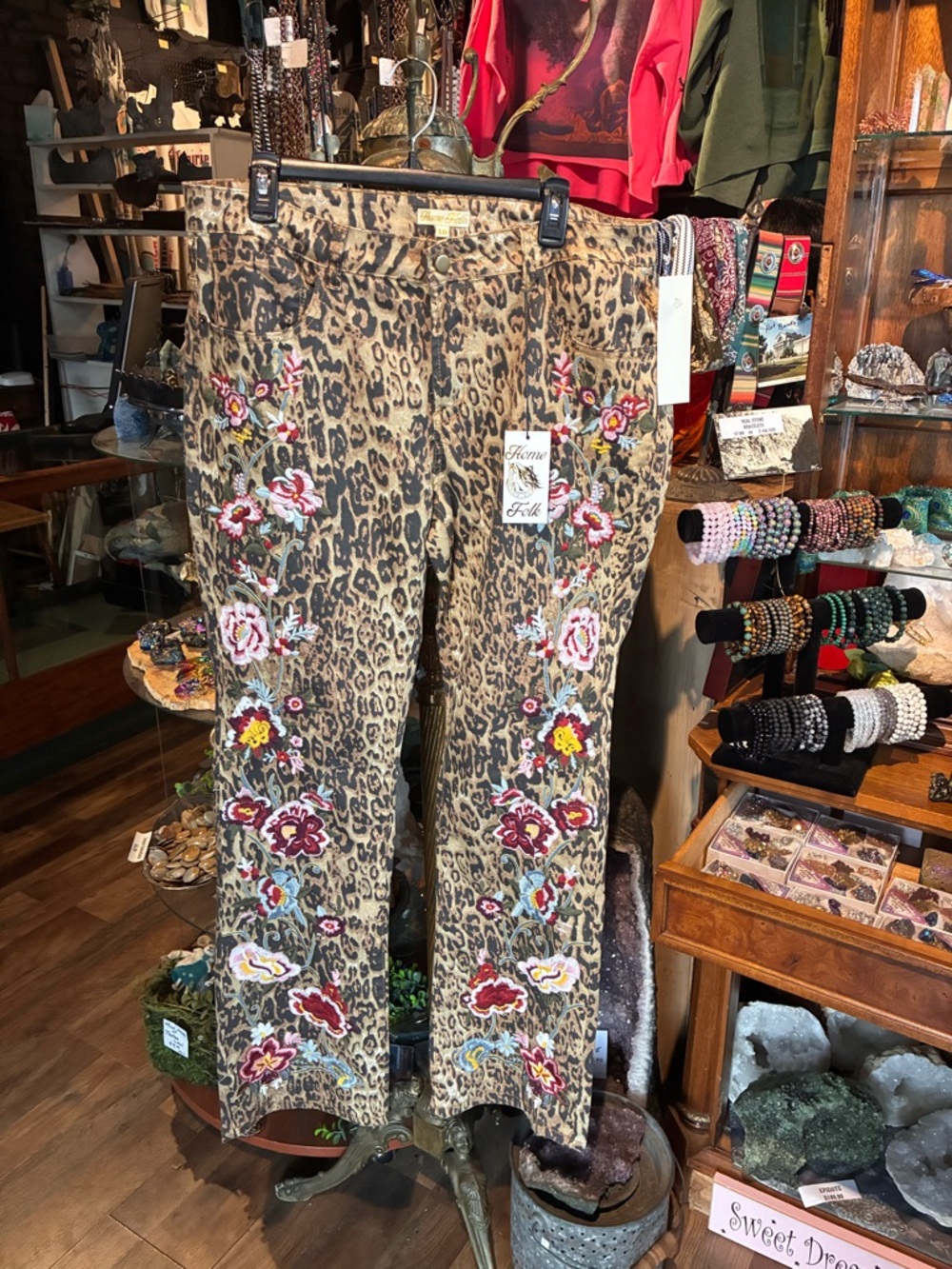 Women’s Leopard Print Boot Cut Jeans with Floral Embroidery - Khaki - Picture 4 of 10